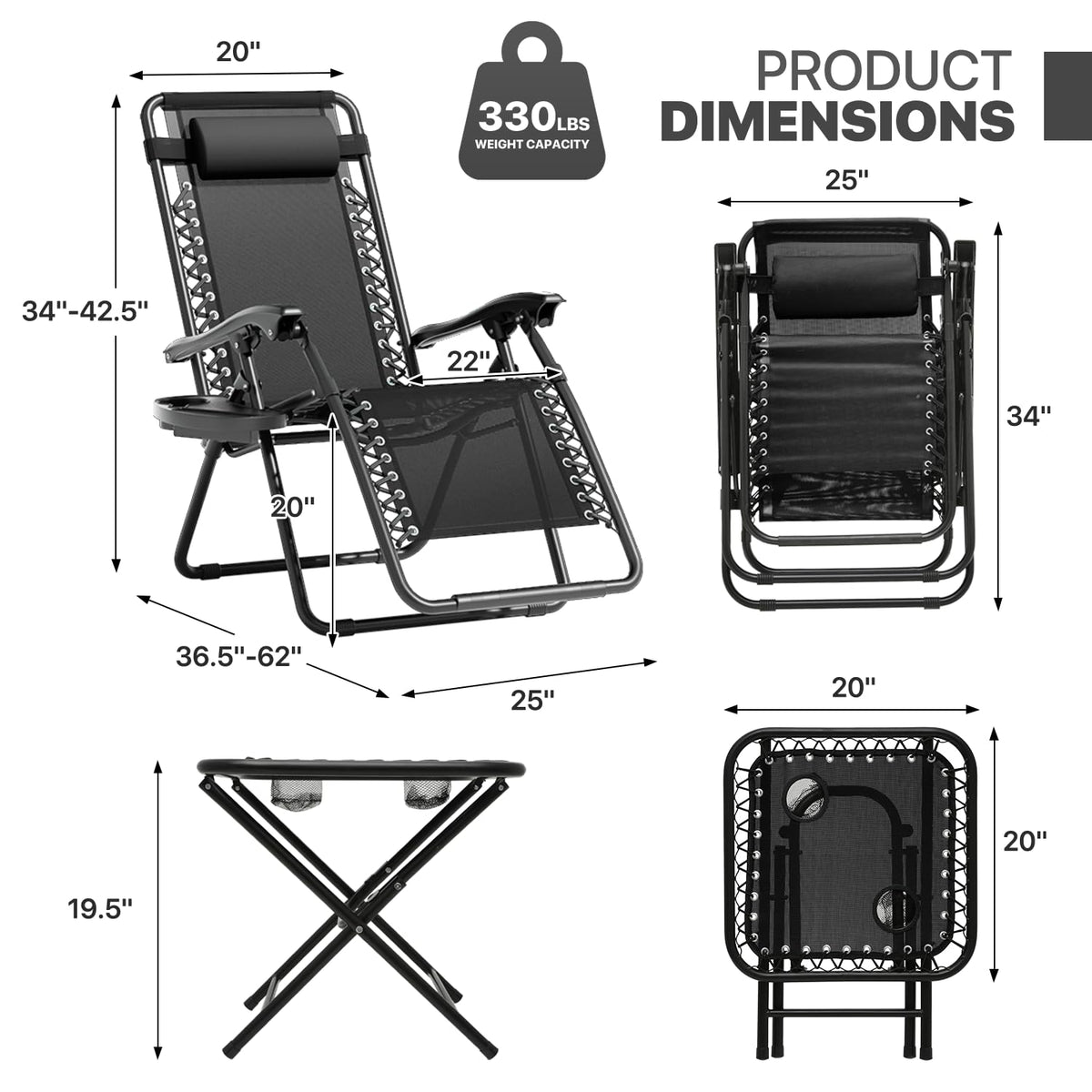 Black Set of 2 Folding Zero Gravity Chairs with Side Table X143885