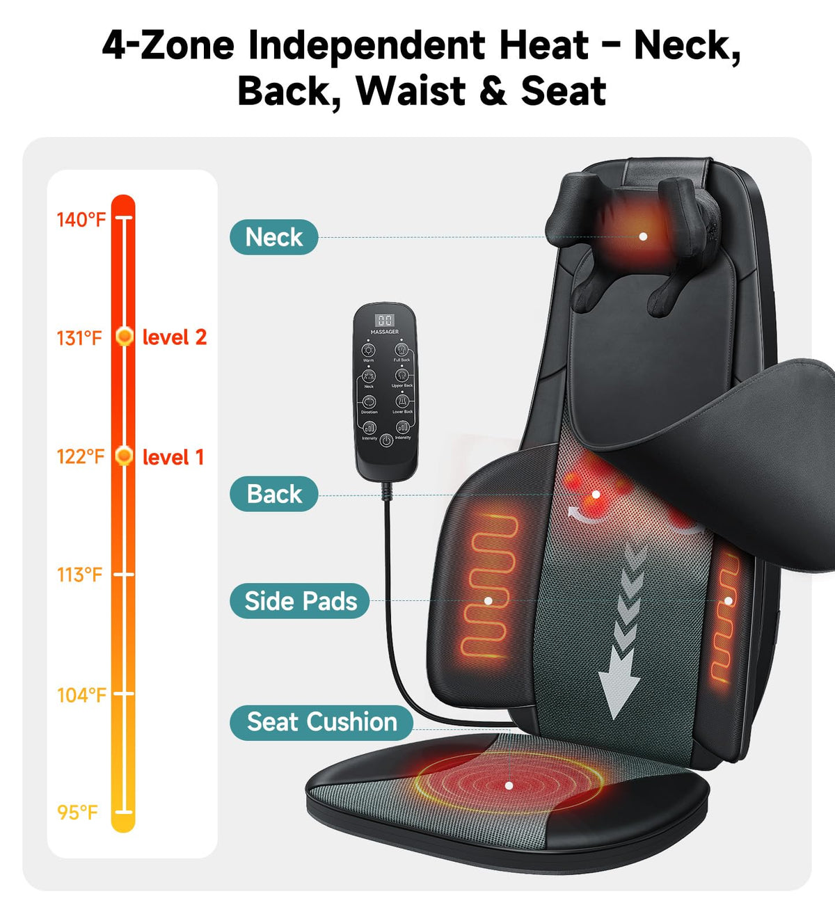 Black Shiatsu Back Massager Chair Pad with 4-Zone Heat Z306668