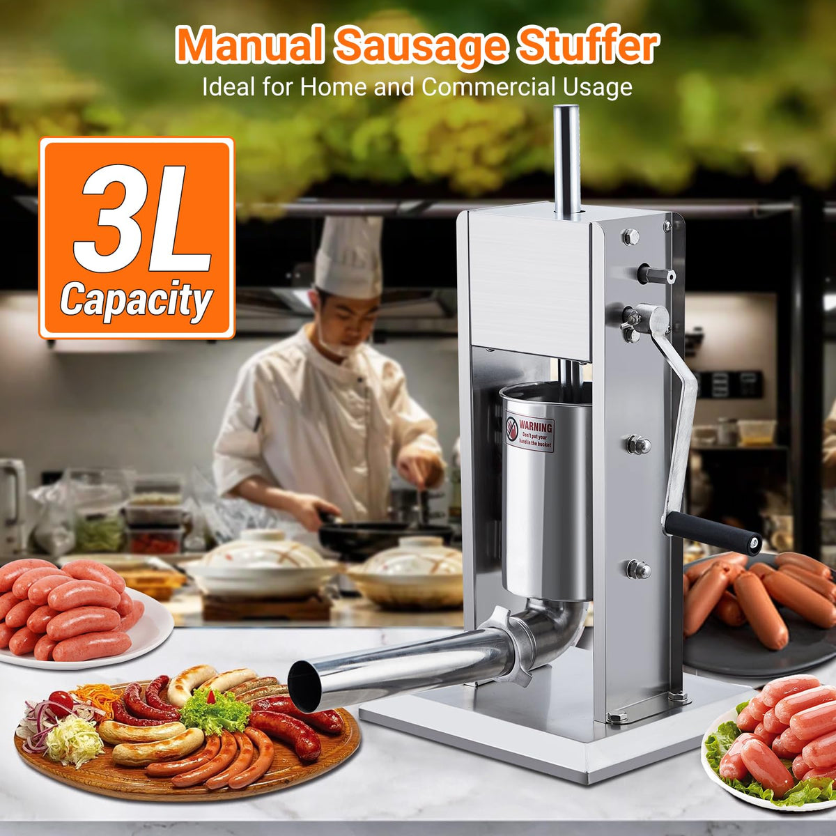 Manual Stainless Steel Sausage Stuffer with 5 Stuffing Tubes S63335