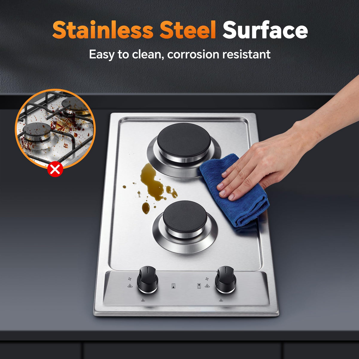 12 Inch 2 Burner Stainless Steel Gas Cooktop A22190