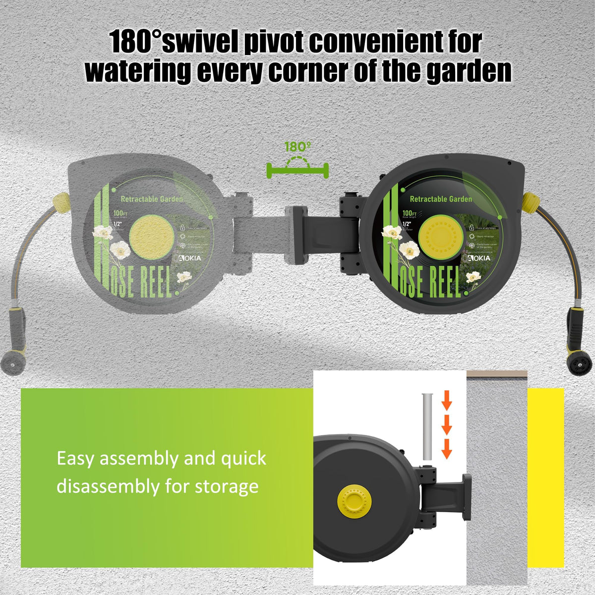 Retractable Garden Hose Reel, 1/2 in x 100 ft Wall Mounted Heavy Duty with 9 Patterns Nozzle U119