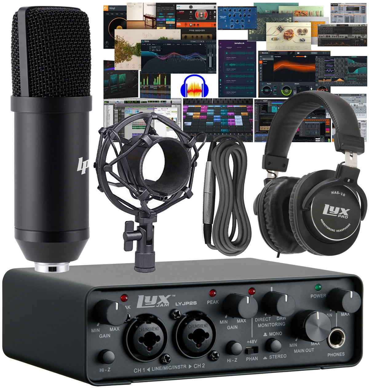 2x2 USB Audio Interface Recording Bundle with Condenser Mic, Headphones, Shockmount, XLR Cable M510