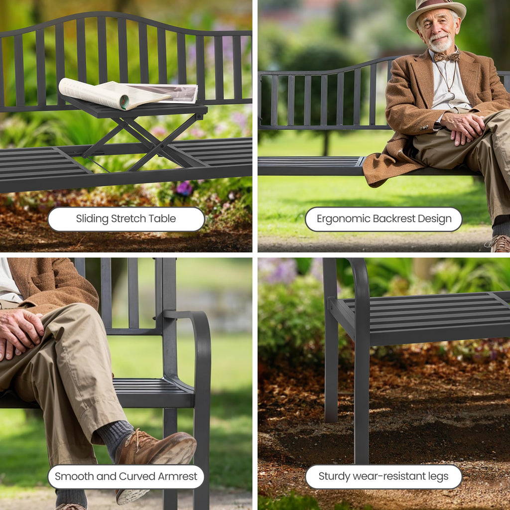 59" Gray Metal Outdoor Bench with Built in Table R59680