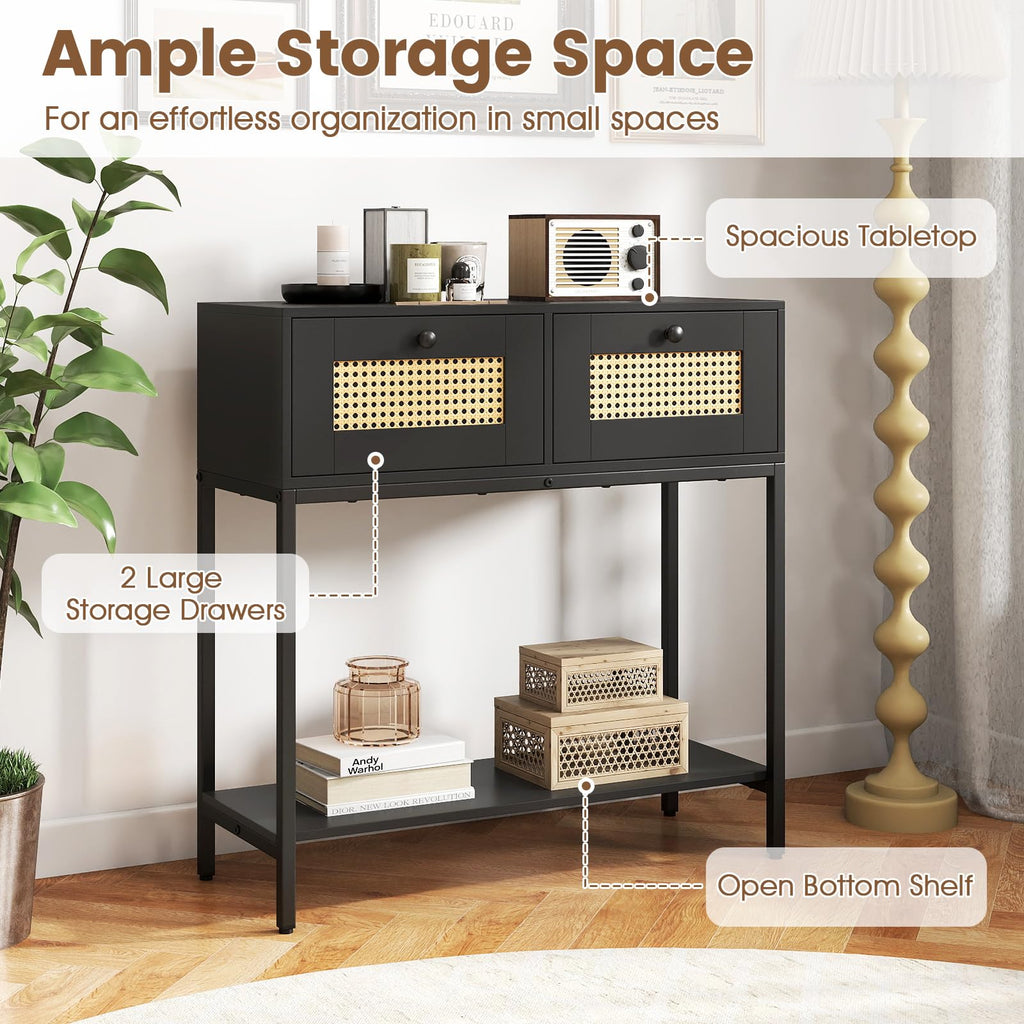 Rattan Console Table with Two Drawers and Open Storage Shelf X89332