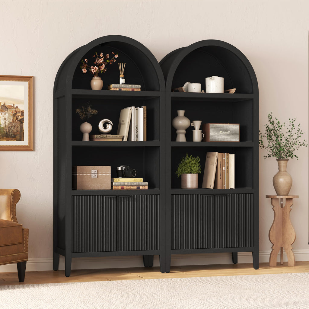 Black 5-Tier Arched Bookshelf with Fluted Doors O2142