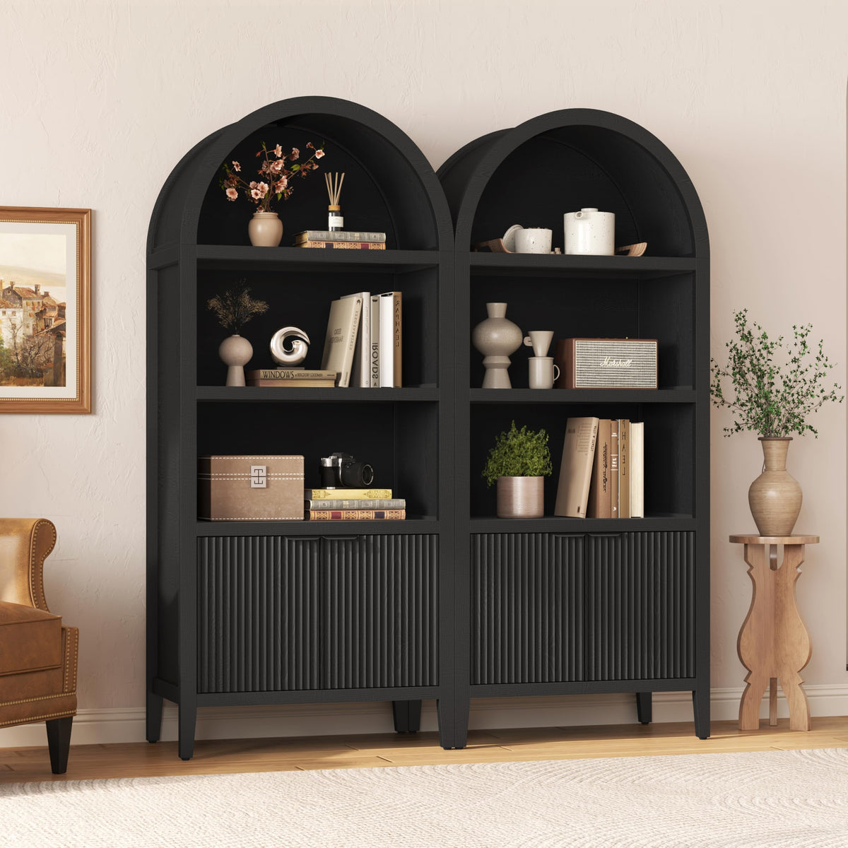 Black 5-Tier Arched Bookshelf with Fluted Doors O2142