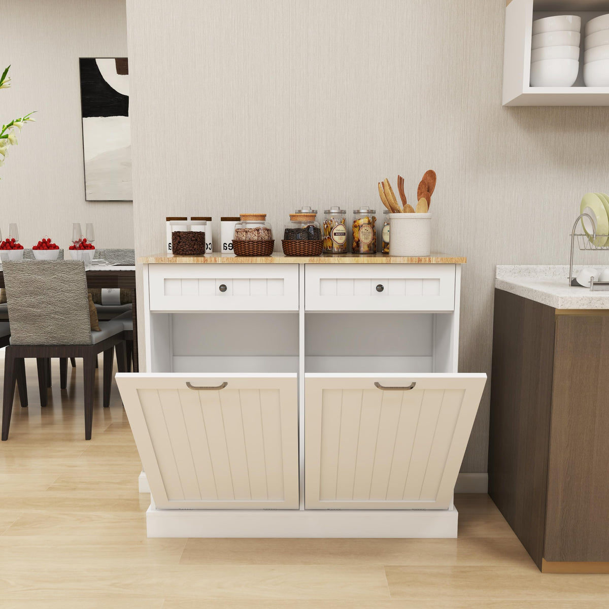 White Double Tilt Out Trash Cabinet with Drawers T409