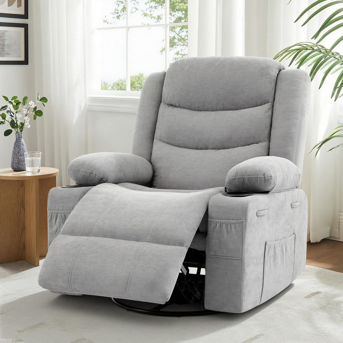 Grey Chenille Swivel Rocker Recliner Chair J134