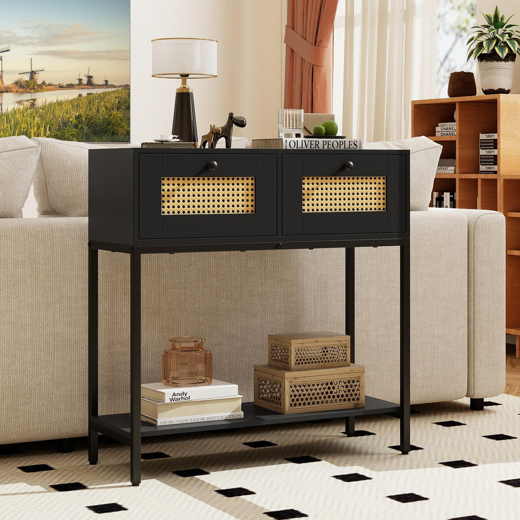 Rattan Console Table with Two Drawers and Open Storage Shelf X89332