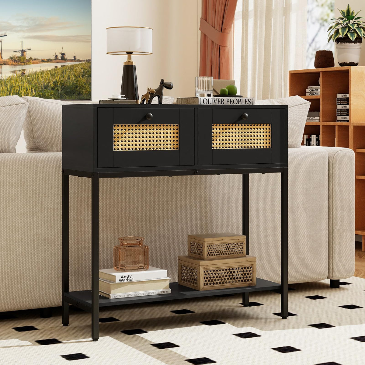 Rattan Console Table with Two Drawers and Open Storage Shelf X89332