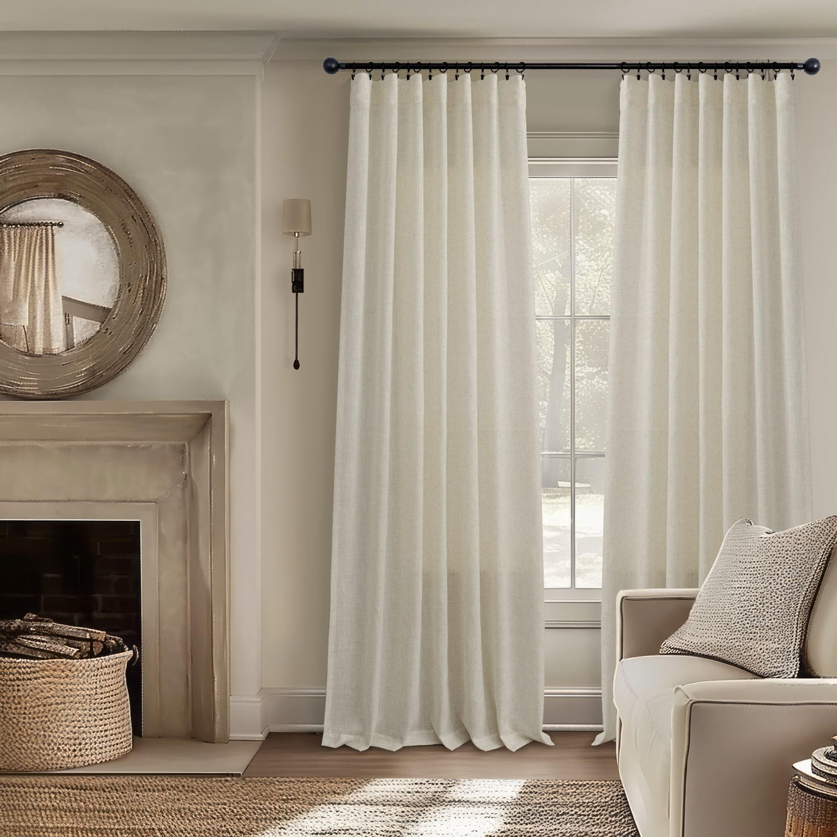 Flax Linen Beige Semi Sheer Curtains 108 Inch 2 Panels J7761