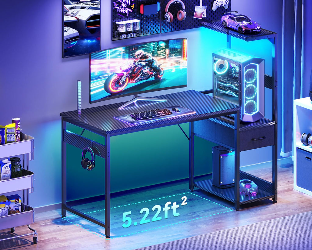 48'' Black Gaming Desk with LED Lights & CPU Stand Q8201