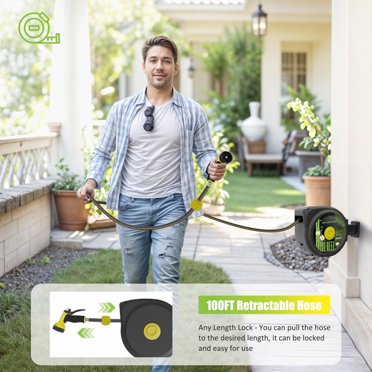 Retractable Garden Hose Reel, 1/2 in x 100 ft Wall Mounted Heavy Duty with 9 Patterns Nozzle U119