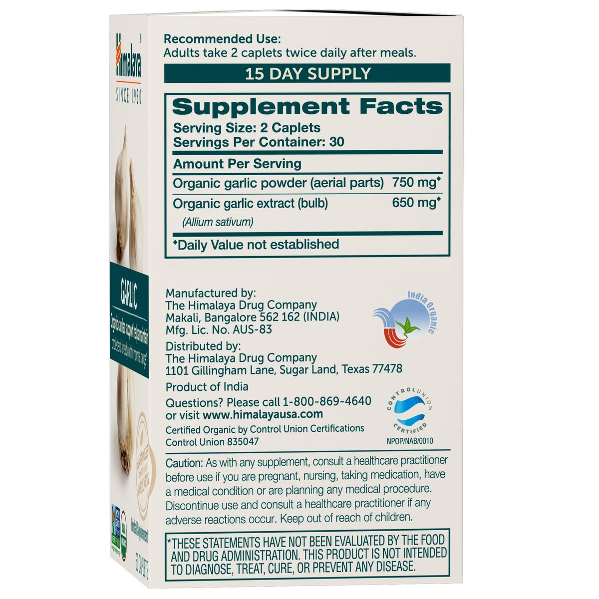 USDA Organic Garlic Supplements 1400 mg 60 Caplets W834