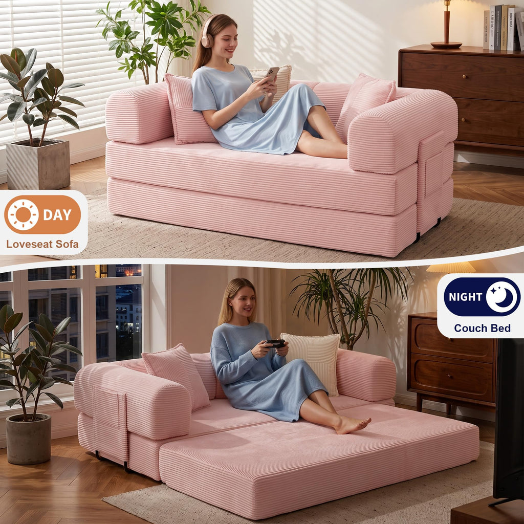 Pink Convertible Futon Sofa Bed with 3 Pillows Y459602