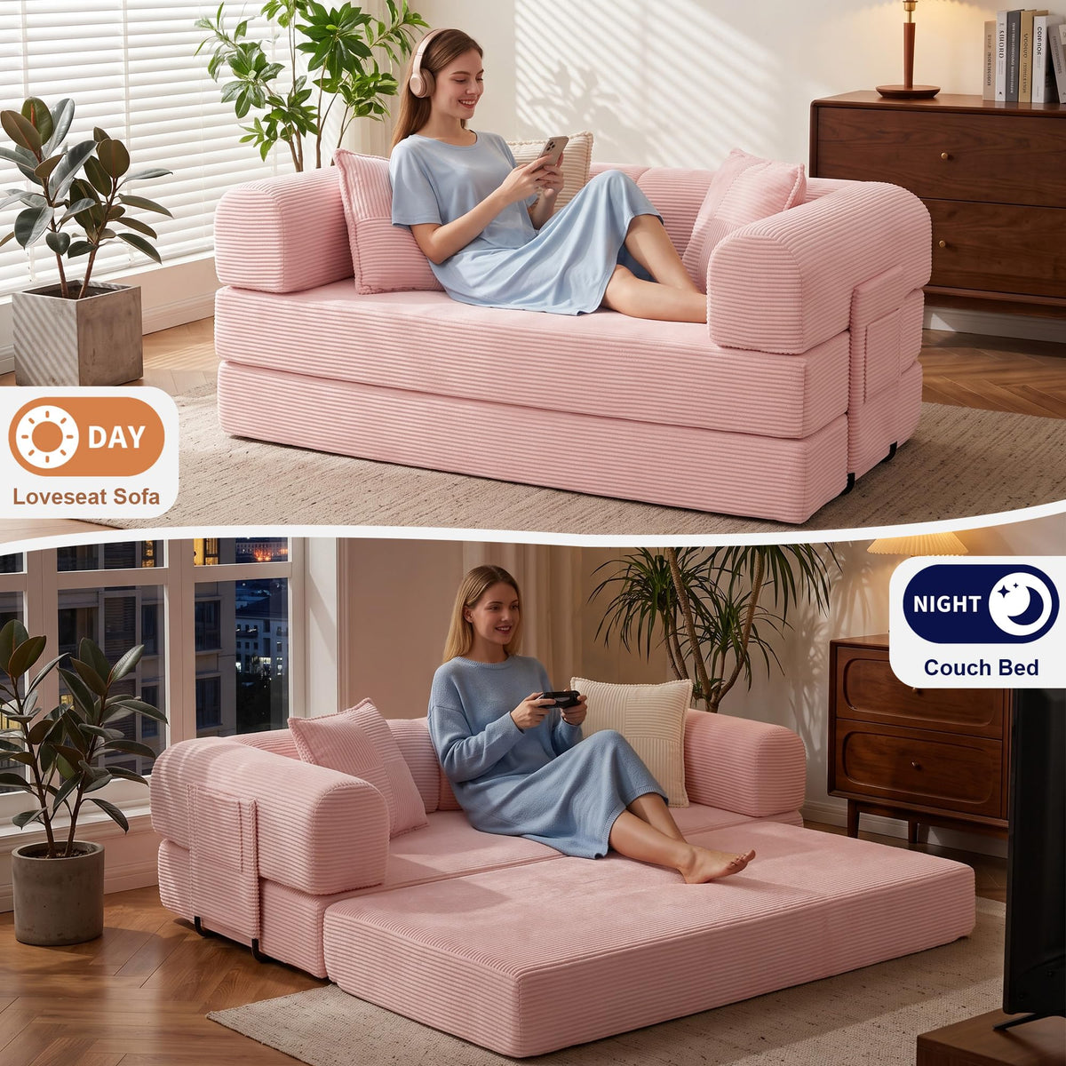 Pink Convertible Futon Sofa Bed with 3 Pillows Y459602