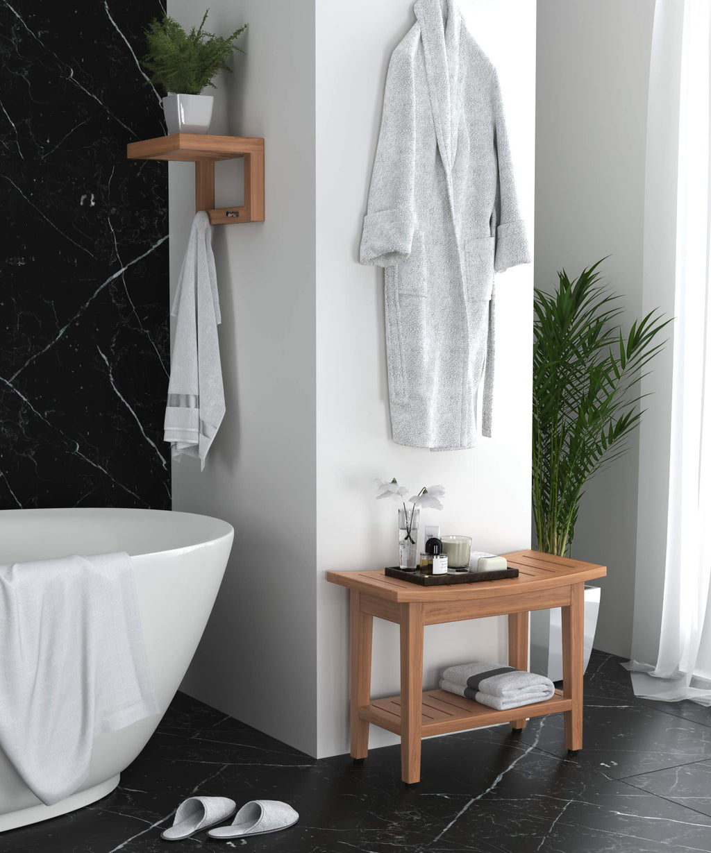 24" Teak Shower Bench with Shelf T3374