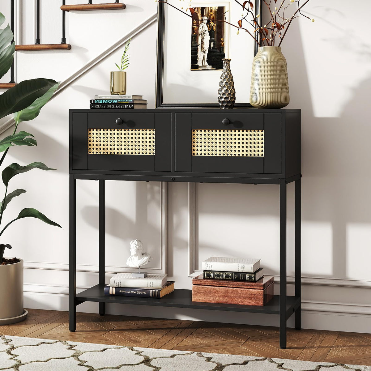 Rattan Console Table with Two Drawers and Open Storage Shelf X89332