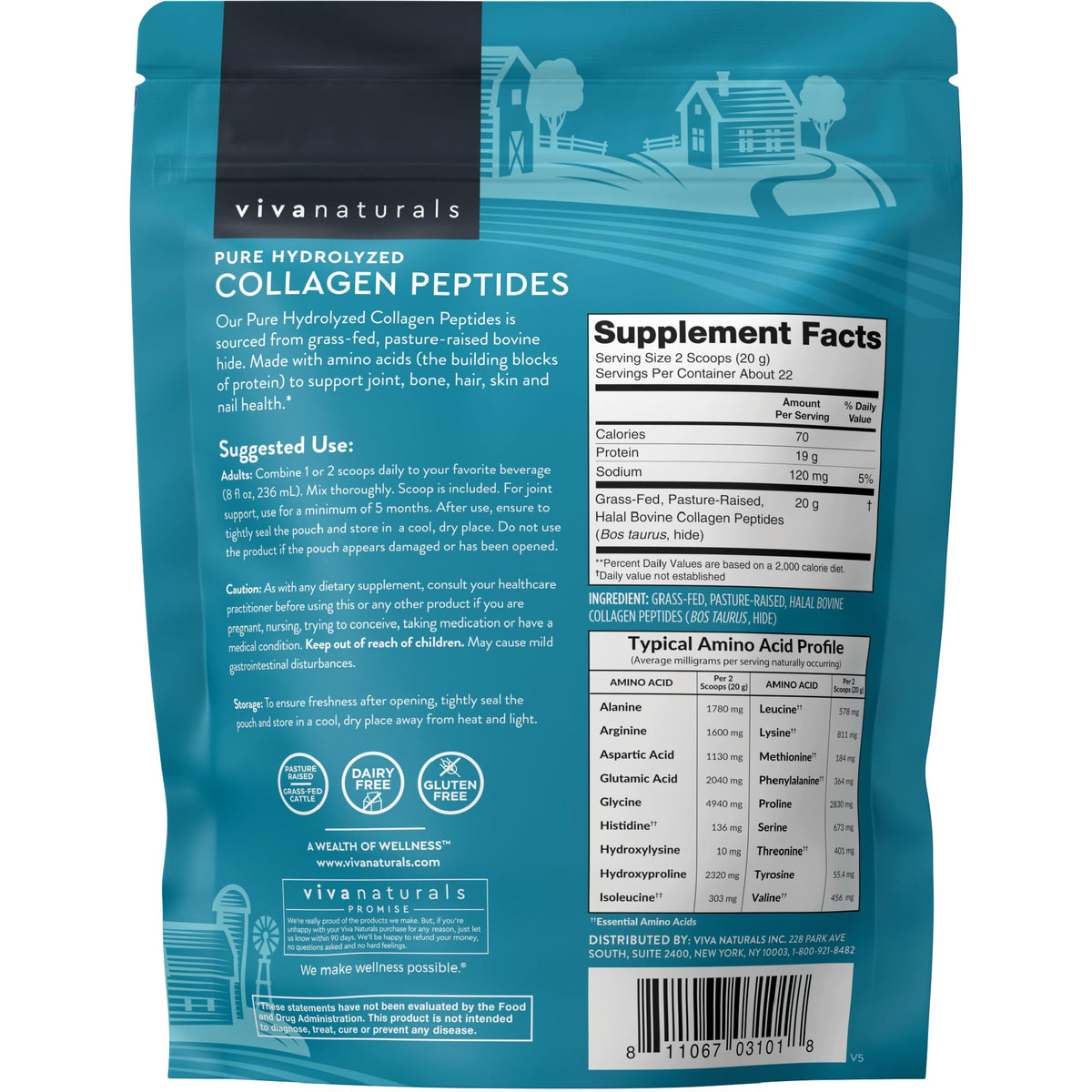 Collagen Peptides Powder - Grass-Fed Hydrolyzed Bovine, Type I & III - 19 g Protein, Unflavored - 1lb X378265