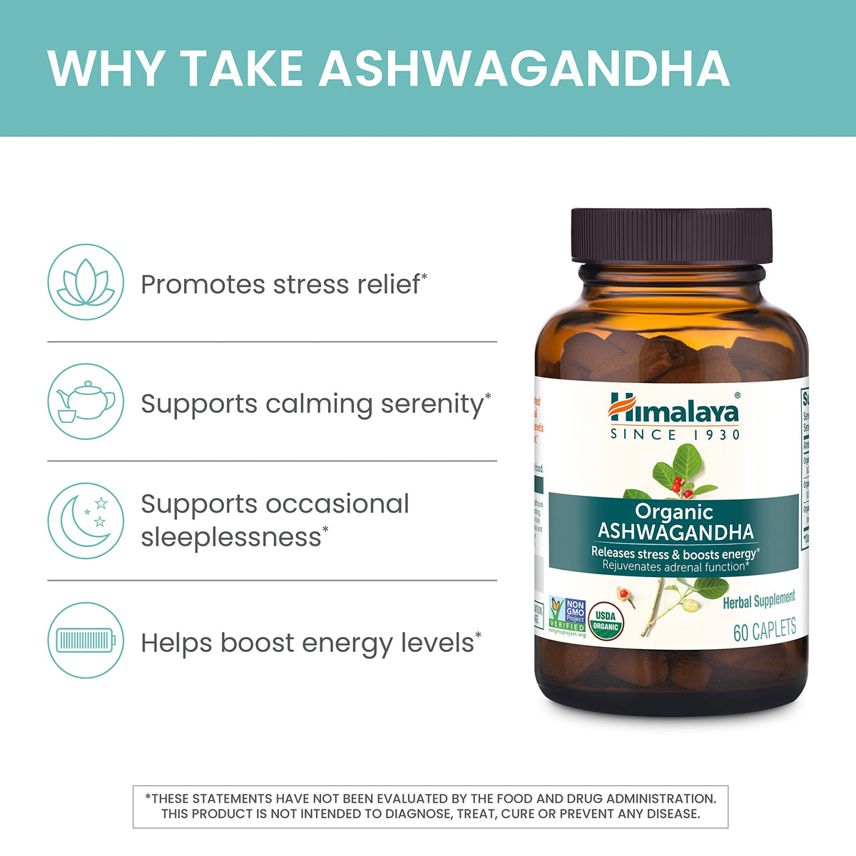 USDA Organic Ashwagandha Root 670 mg 60 Caplets M76583