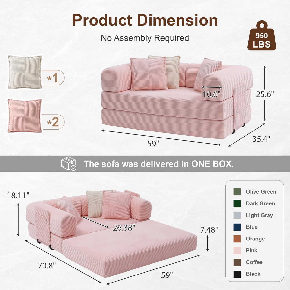Pink Convertible Futon Sofa Bed with 3 Pillows Y459602