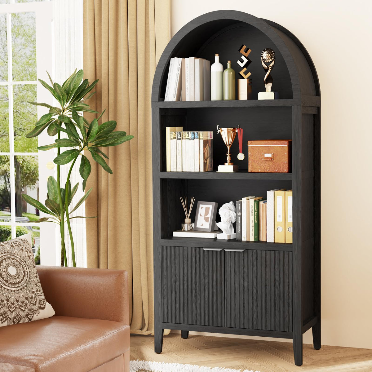 Black 5-Tier Arched Bookshelf with Fluted Doors O2142