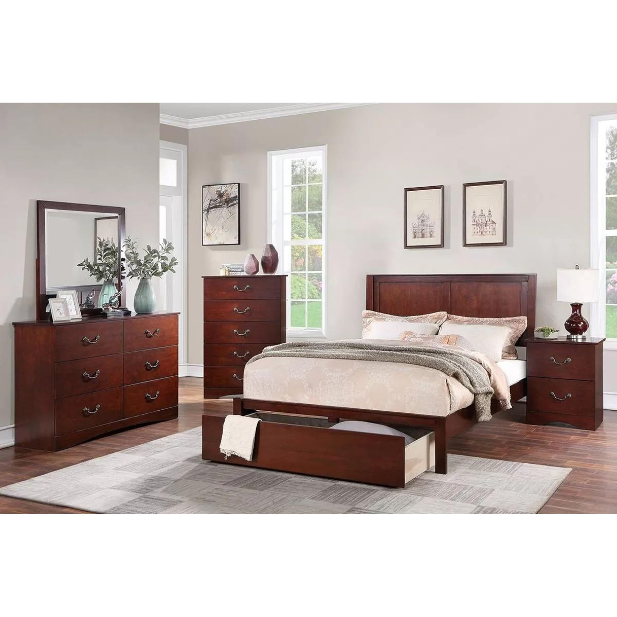 Cherry Brown Wood California King Panel Bed with Storage Drawer G40804