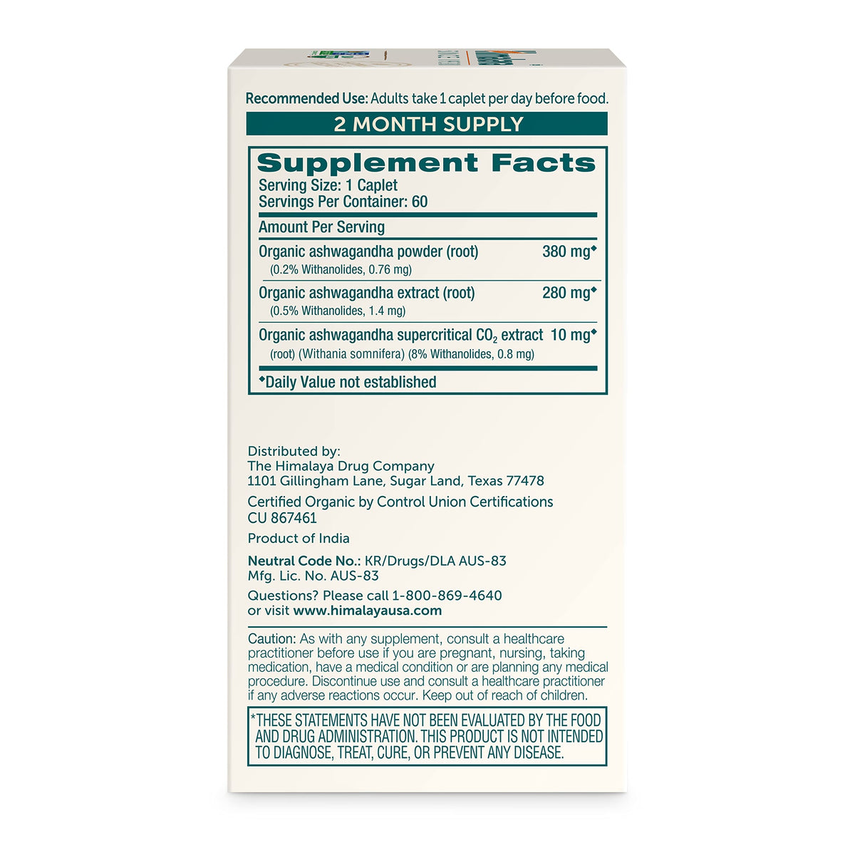 USDA Organic Ashwagandha Root 670 mg 60 Caplets M76583