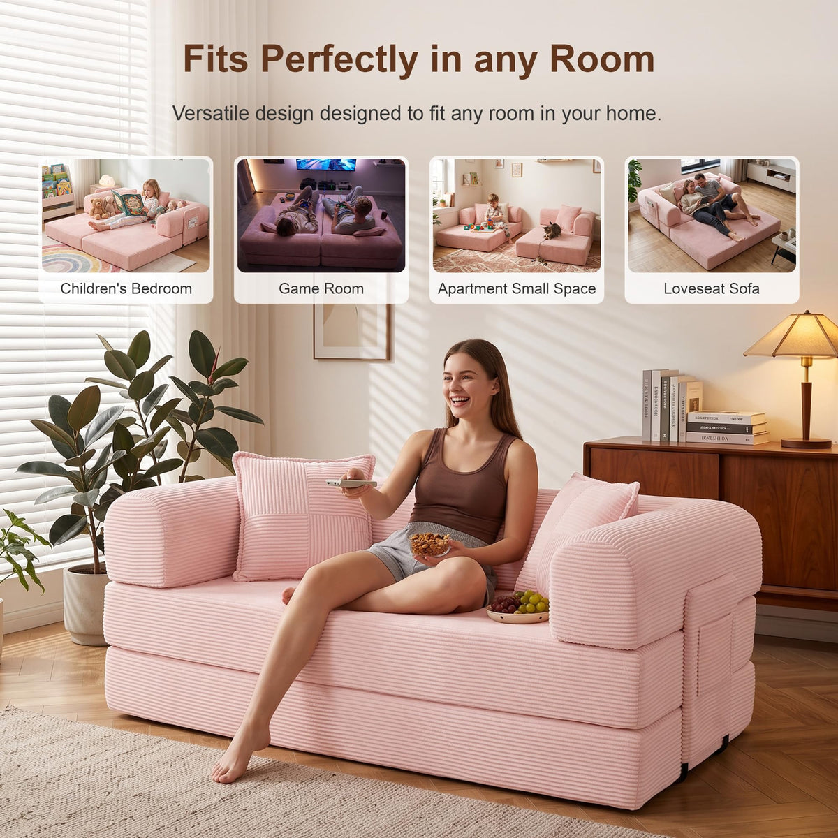 Pink Convertible Futon Sofa Bed with 3 Pillows Y459602
