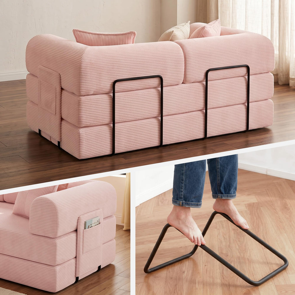 Pink Convertible Futon Sofa Bed with 3 Pillows Y459602