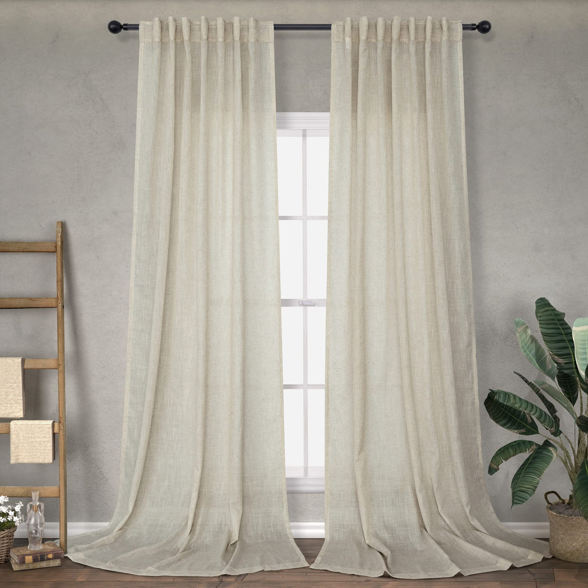 Flax Linen Beige Semi Sheer Curtains 108 Inch 2 Panels J7761