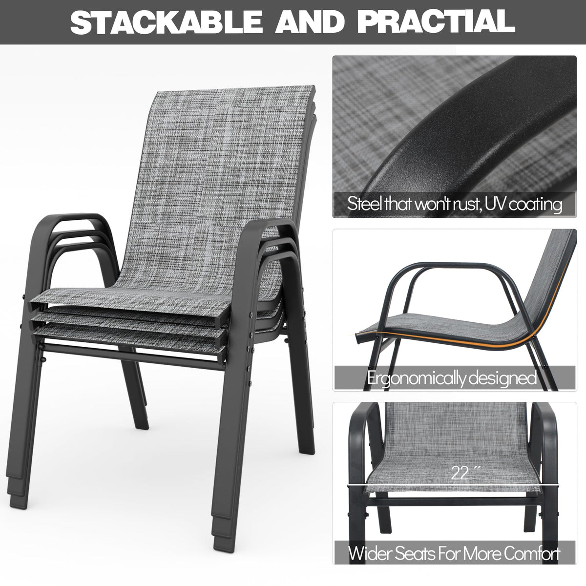 Grey Set of 4 Stackable Textilene Metal Patio Chairs U48162