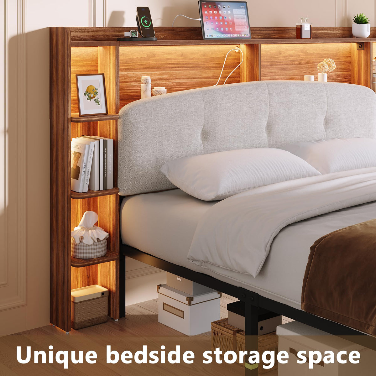 Queen Size Storage Bed Frame with Upholstered Headboard D9414