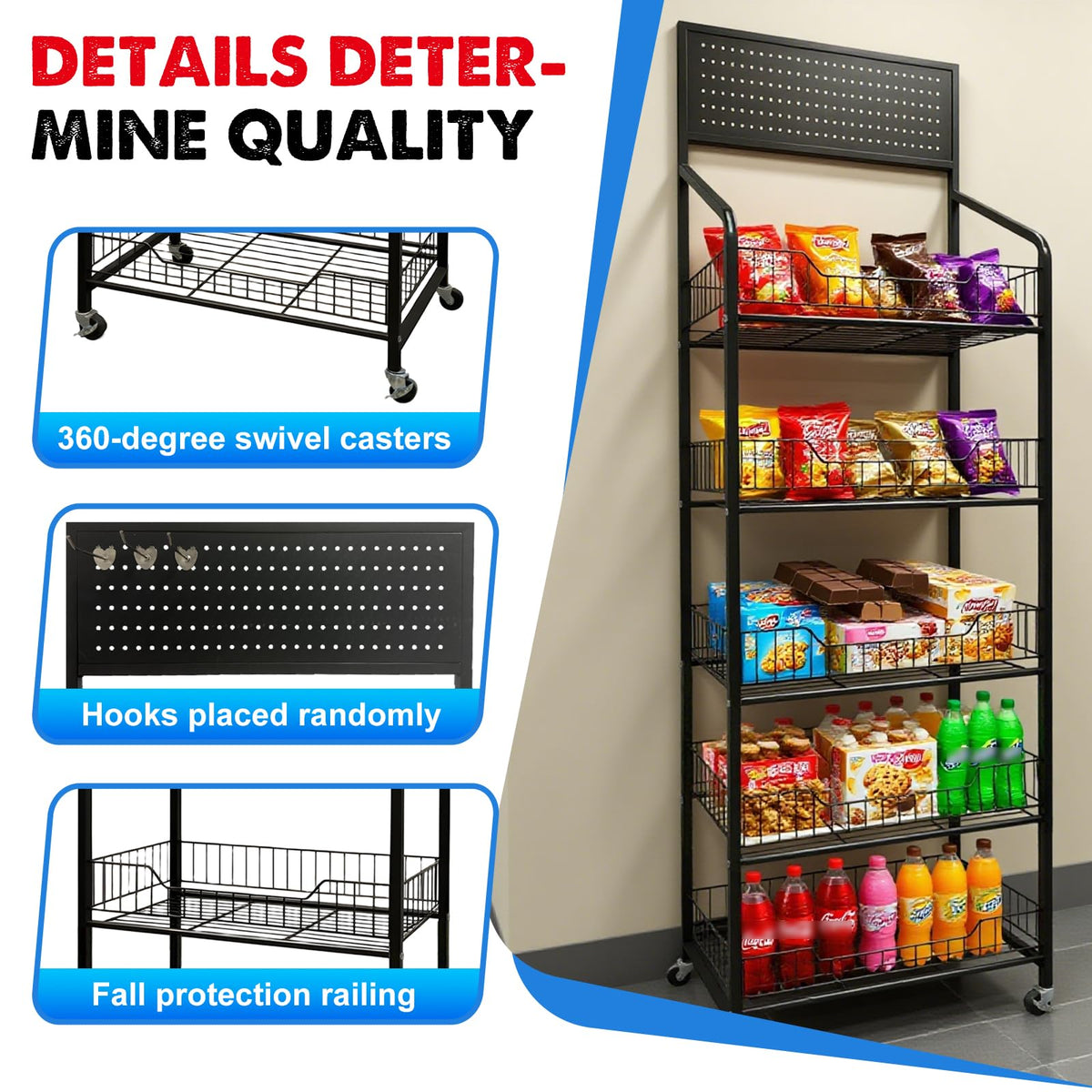 5 Tier Metal Candy Display Rack with Wheels & 15 Hooks U76490
