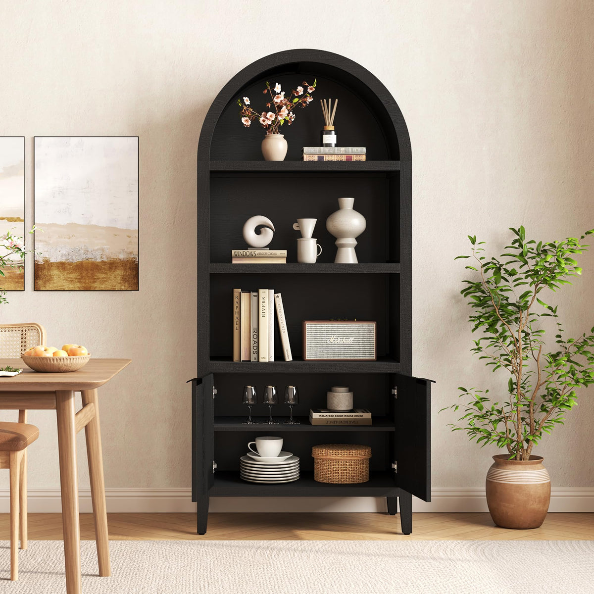 Black 5-Tier Arched Bookshelf with Fluted Doors O2142