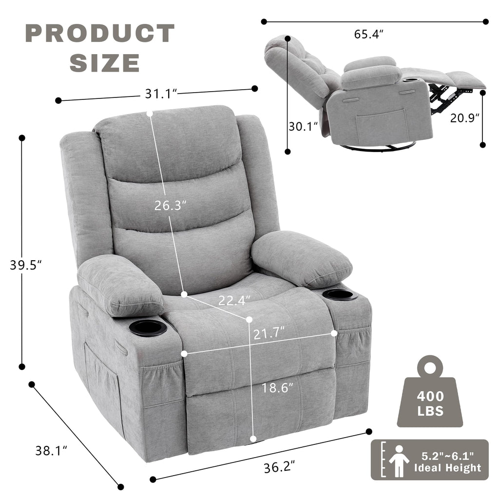 Grey Chenille Swivel Rocker Recliner Chair J134