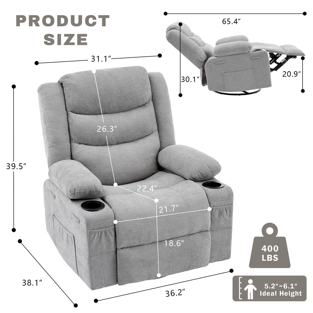 Grey Chenille Swivel Rocker Recliner Chair J134