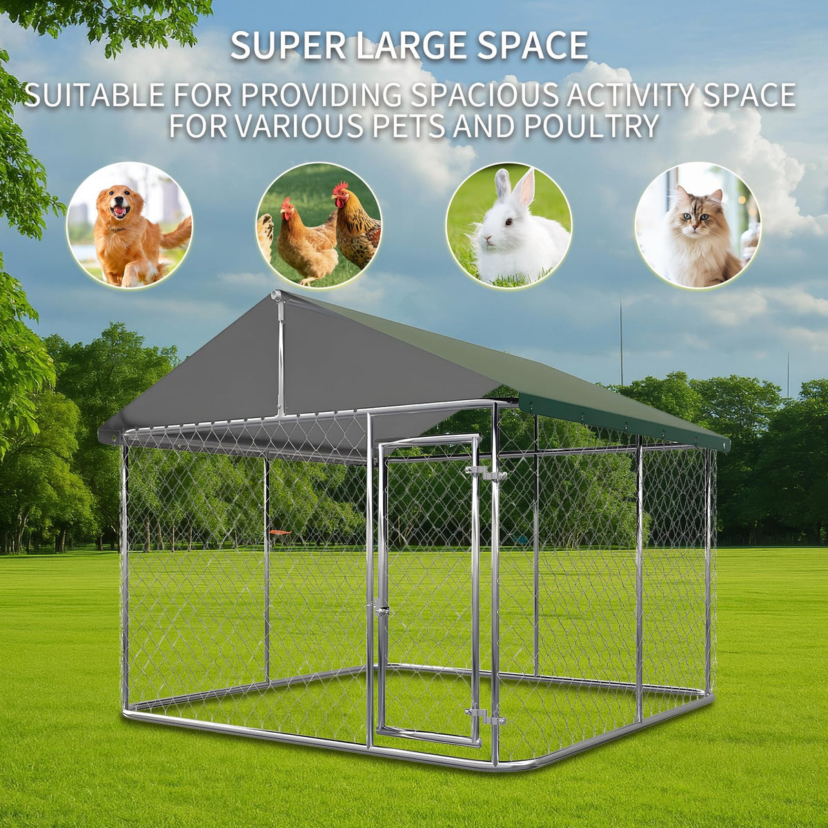 Large Outdoor Dog Kennel with Roof, Heavy Duty Galvanized Steel, 10'x10' Lockable P148