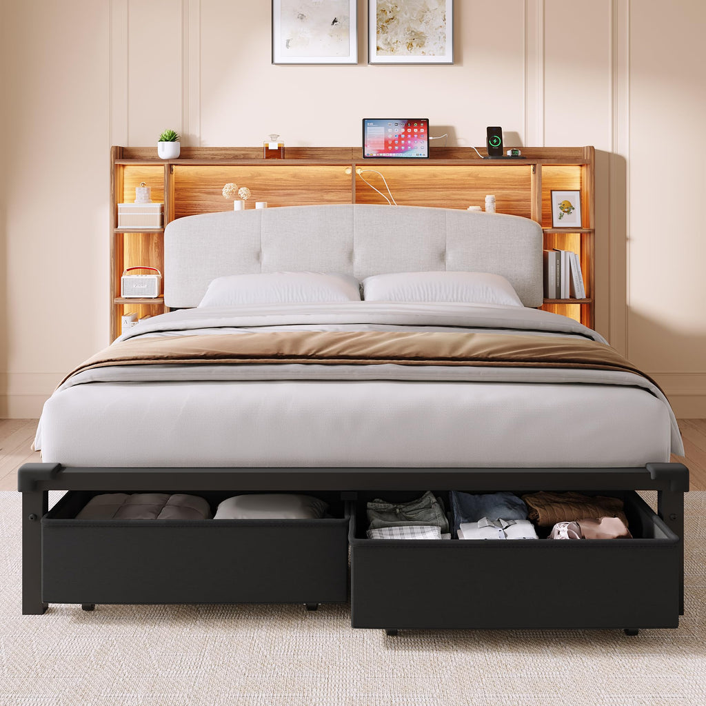 Queen Size Storage Bed Frame with Upholstered Headboard D9414