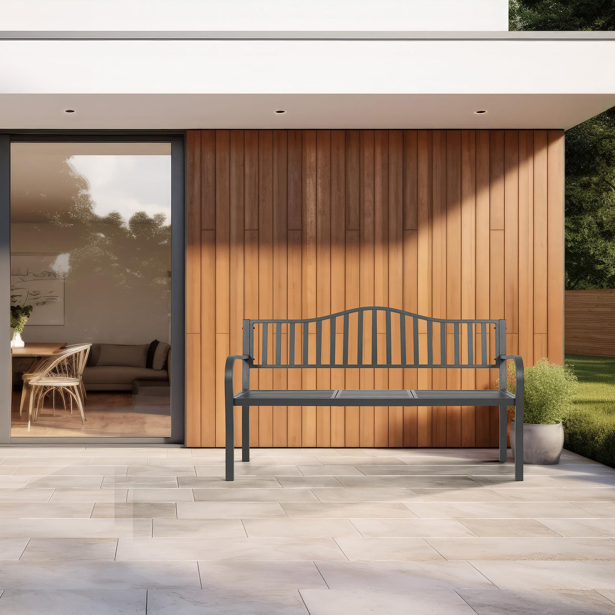 59" Gray Metal Outdoor Bench with Built in Table R59680