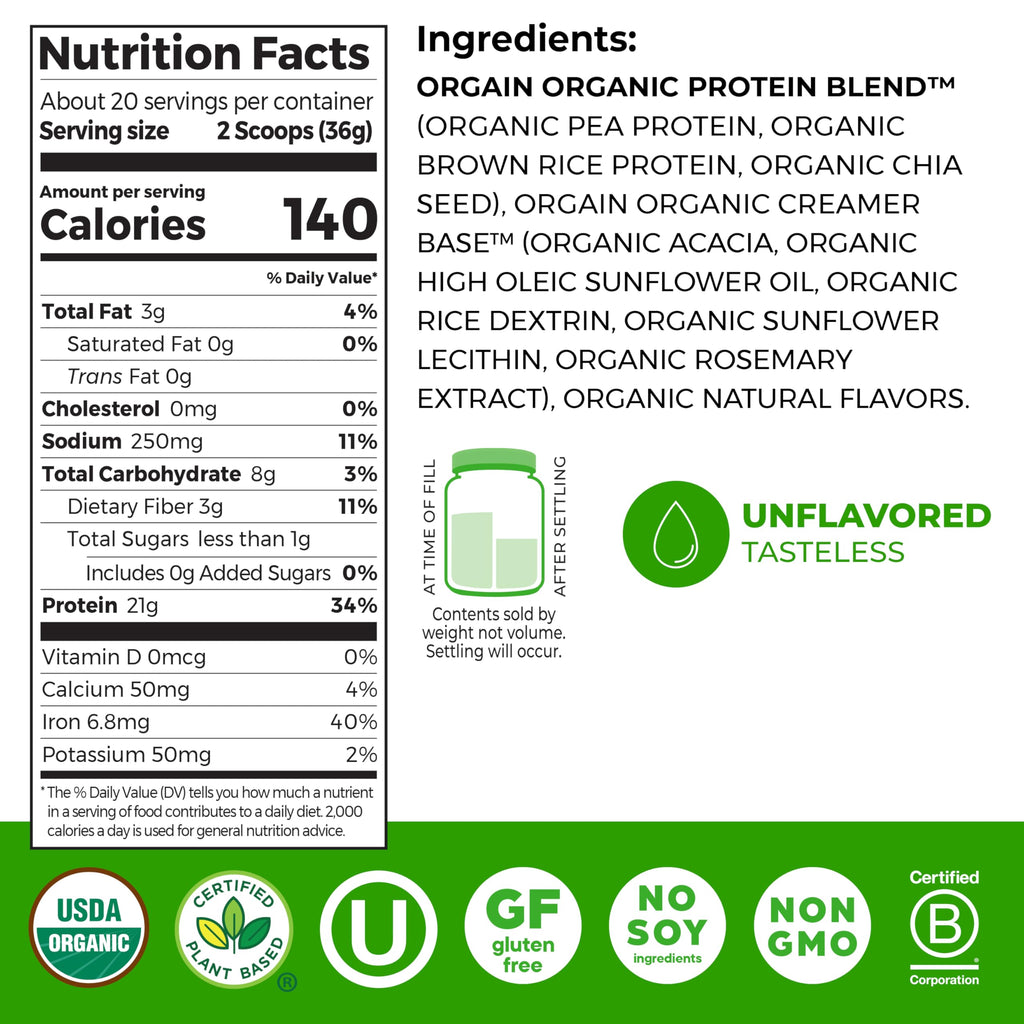 Organic Vegan Protein Powder, Natural Unsweetened, 1.59 lb A48131
