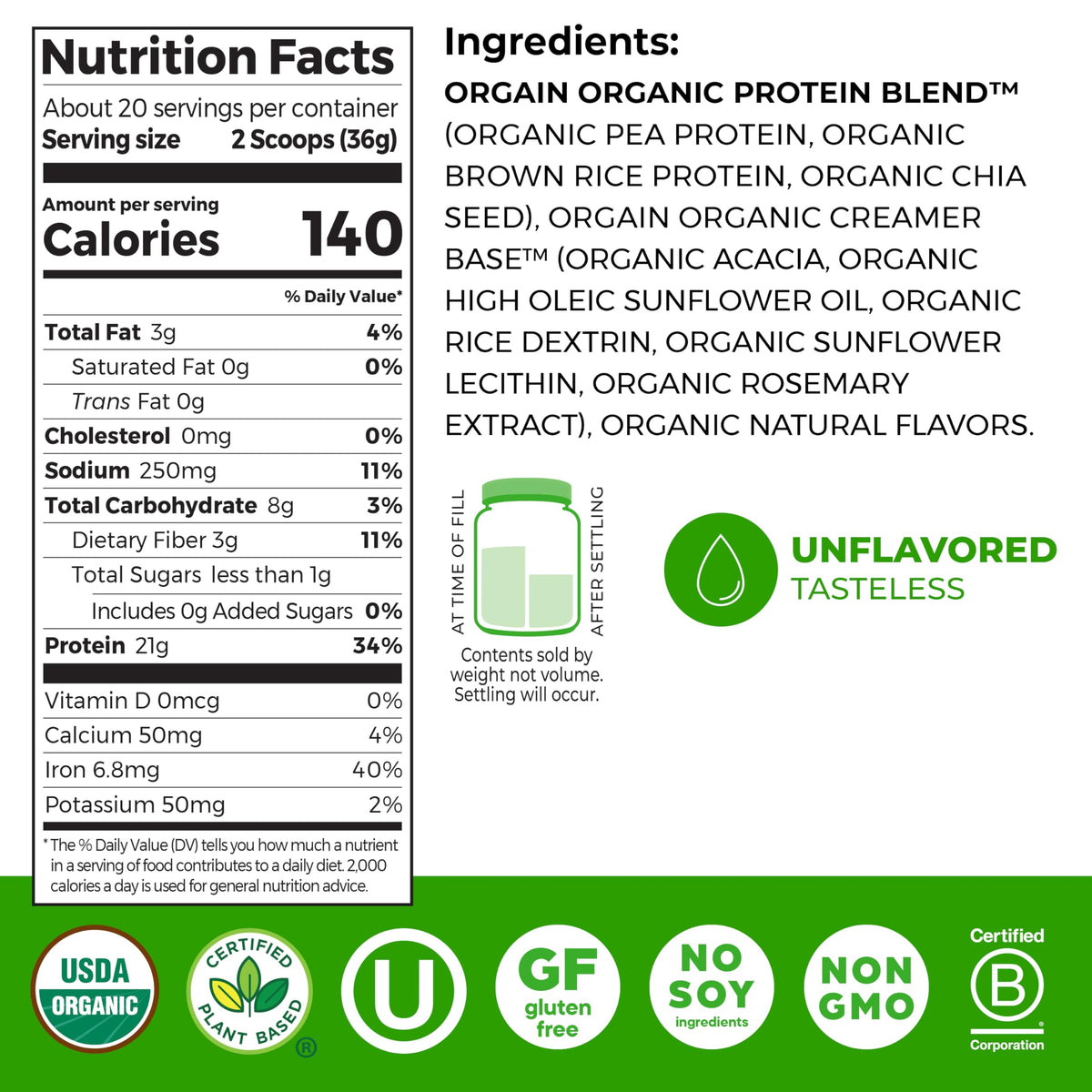 Organic Vegan Protein Powder, Natural Unsweetened, 1.59 lb A48131