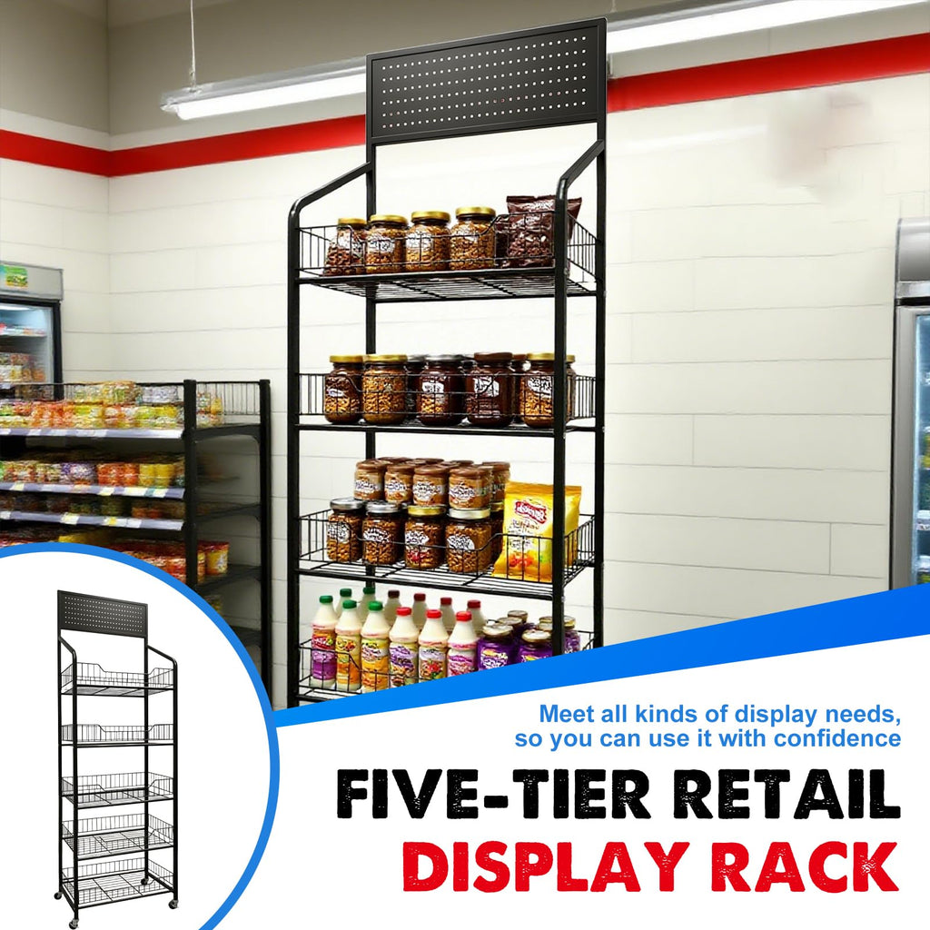 5 Tier Metal Candy Display Rack with Wheels & 15 Hooks U76490