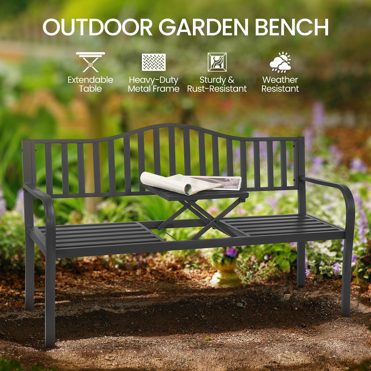 59" Gray Metal Outdoor Bench with Built in Table R59680