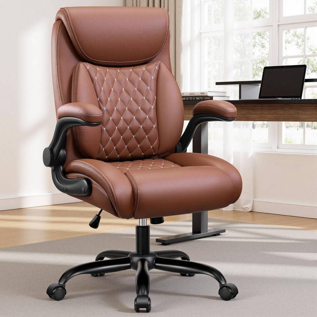 Brown Ergonomic Leather Office Chair with Lumbar Support J210734