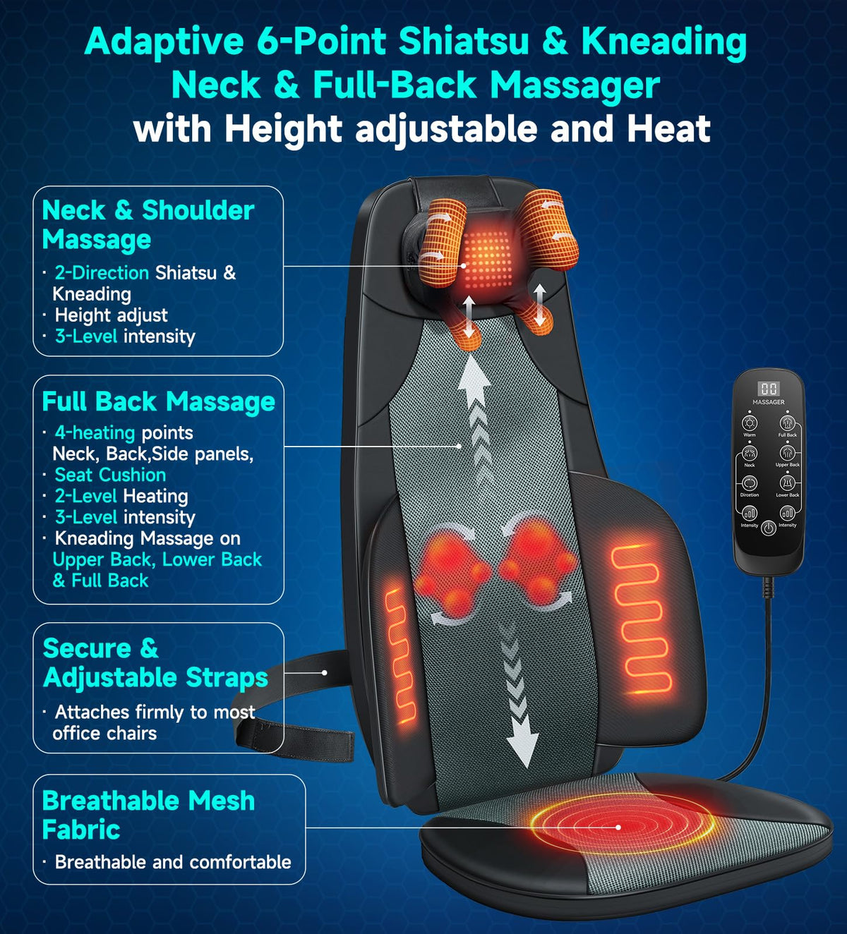 Black Shiatsu Back Massager Chair Pad with 4-Zone Heat Z306668