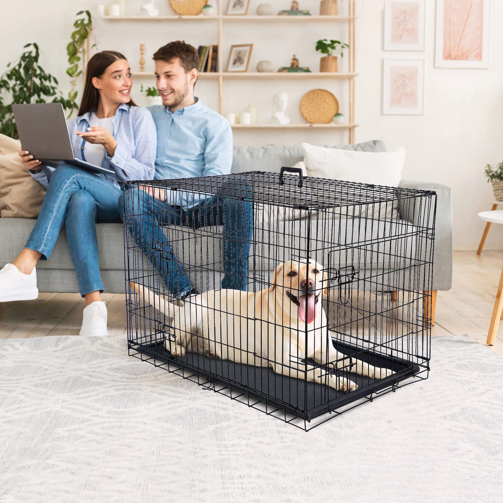 Double Door Folding Metal Wire Dog Crate with Tray V965914