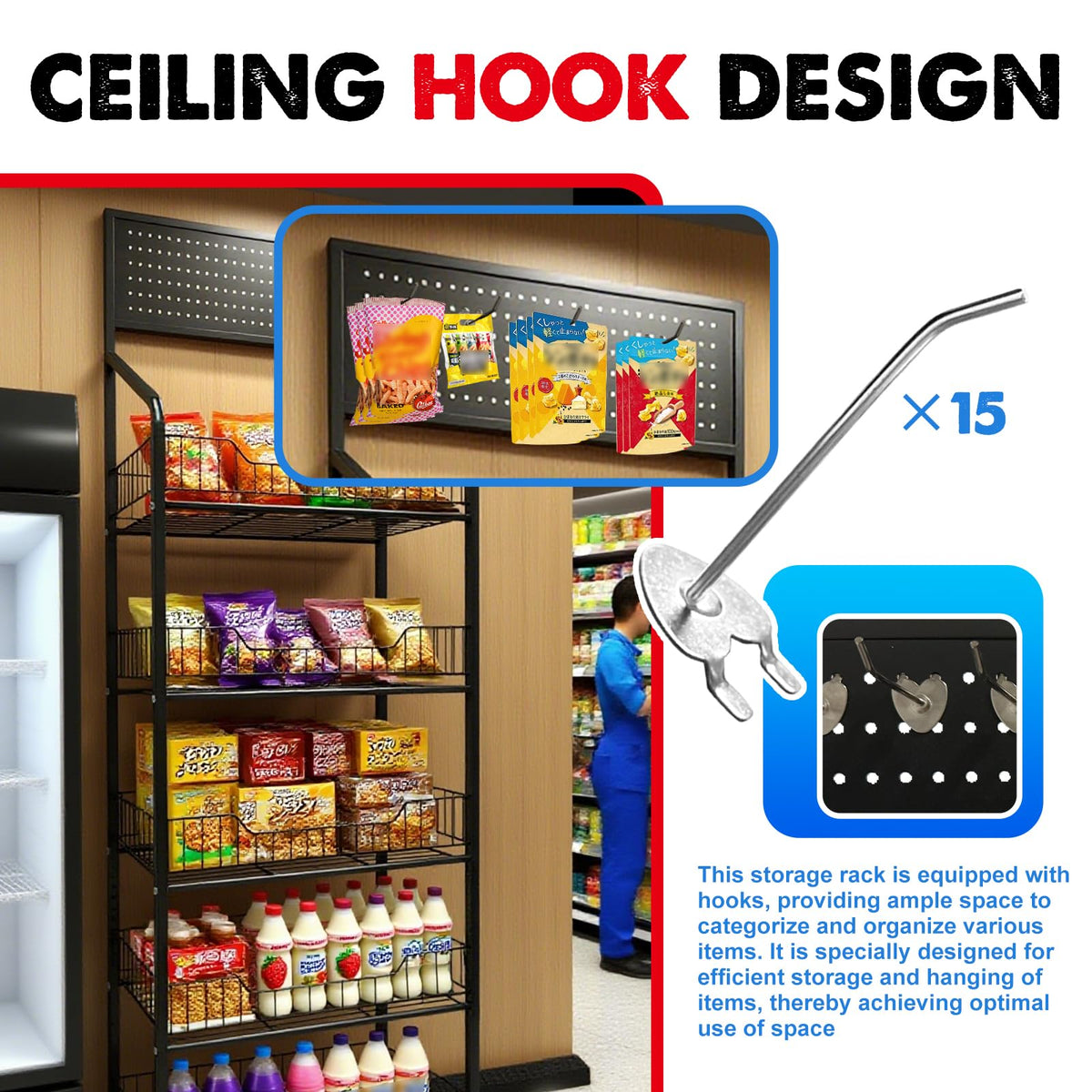 5 Tier Metal Candy Display Rack with Wheels & 15 Hooks U76490