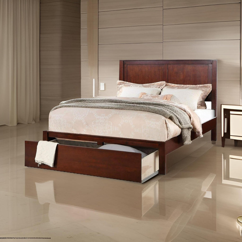Cherry Brown Wood California King Panel Bed with Storage Drawer G40804