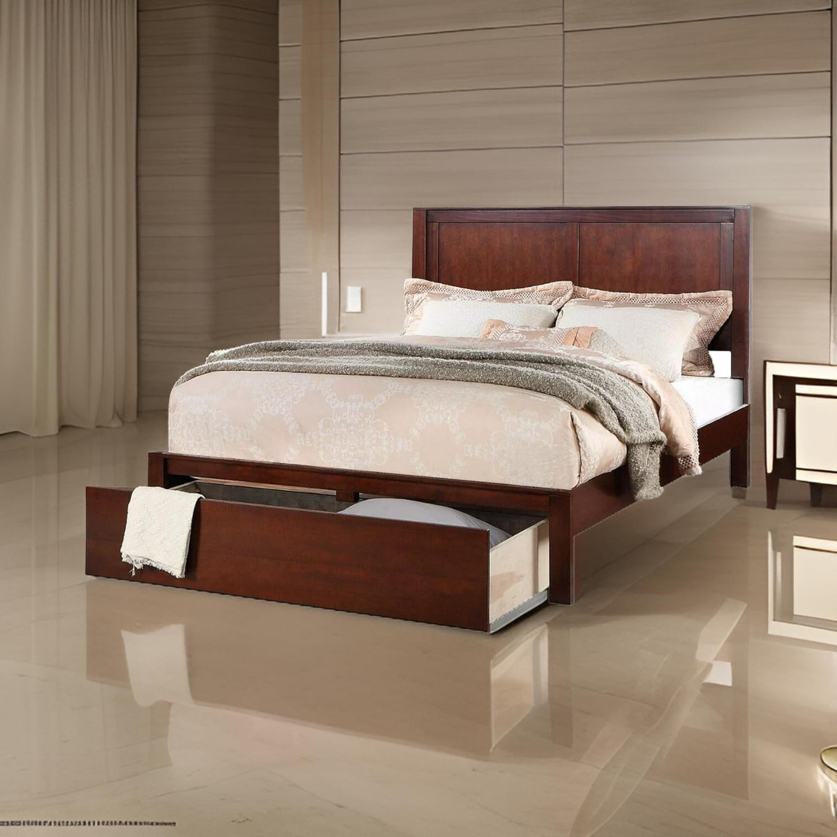 Cherry Brown Wood California King Panel Bed with Storage Drawer G40804